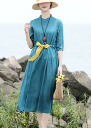 Original Design Blue Green Stand Collar Tie Waist Linen Long Dress Half Sleeve