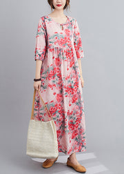 Original Design Red O-Neck Print Linen Loose Dress Half Sleeve