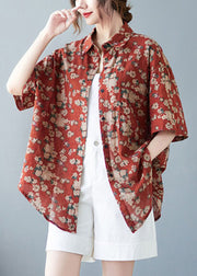 Original Design Red Peter Pan Collar Print Pocket Linen Long Shirt Top Short Sleeve