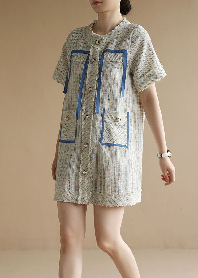 Original Design White O-Neck Plaid Print Button Cotton Dress Short Sleeve