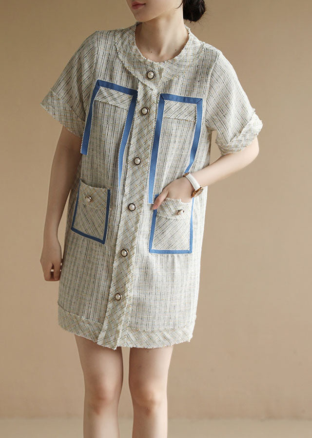 Original Design White O-Neck Plaid Print Button Cotton Dress Short Sleeve