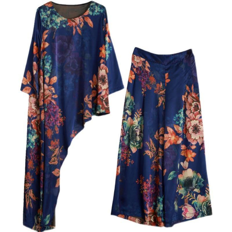 Original Literature And Art Blue Printing Large Mulberry Silk Suit Irregular Medium Long Casual Silk Two Piece Set - SooLinen