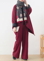 Original design red woolen suit female cocoon-shaped irregular mid-length coat autumn and winter - SooLinen