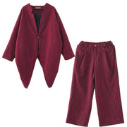 Original design red woolen suit female cocoon-shaped irregular mid-length coat autumn and winter - SooLinen