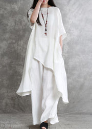 Original large size irregular cotton and linen suit female long section was thin white shirt wild wide-leg pants - SooLinen