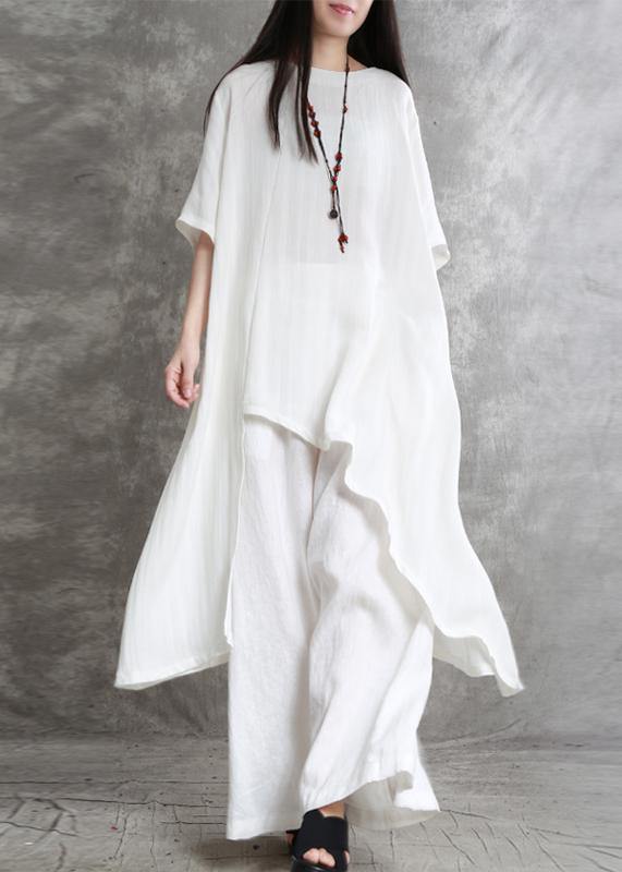 Original large size irregular cotton and linen suit female long section was thin white shirt wild wide-leg pants - SooLinen