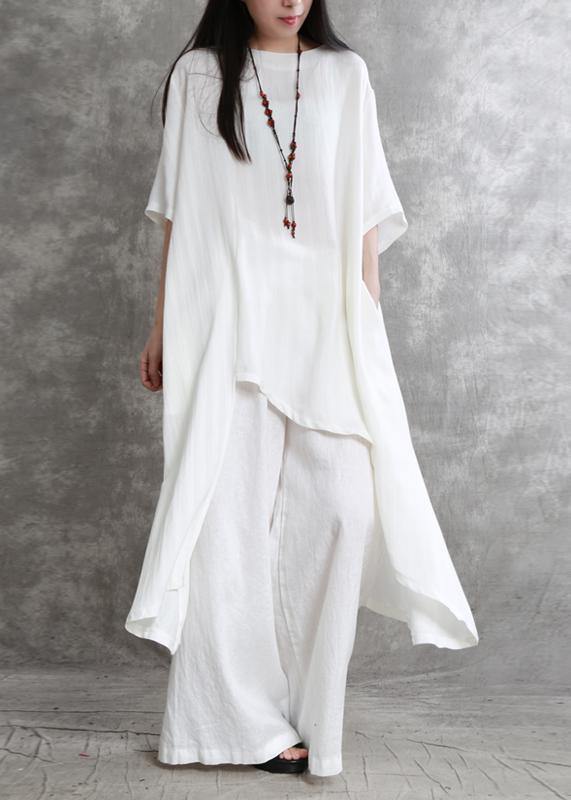 Original large size irregular cotton and linen suit female long section was thin white shirt wild wide-leg pants - SooLinen