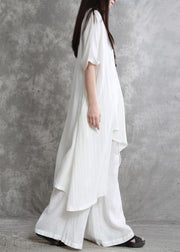 Original large size irregular cotton and linen suit female long section was thin white shirt wild wide-leg pants - SooLinen