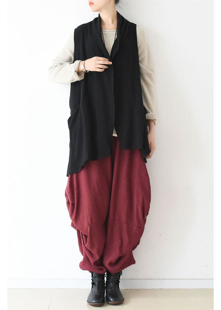 Oversized black linen vests loose linen cardigan sleeveless coats