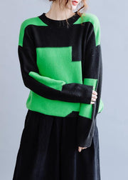 Oversized black patchwork green knitwear oversize o neck knitted pullover - SooLinen