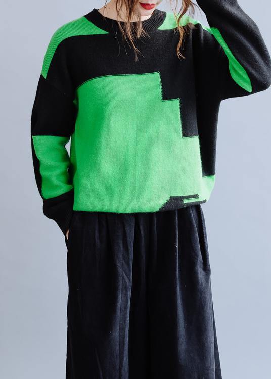 Oversized black patchwork green knitwear oversize o neck knitted pullover - SooLinen