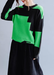 Oversized black patchwork green knitwear oversize o neck knitted pullover - SooLinen