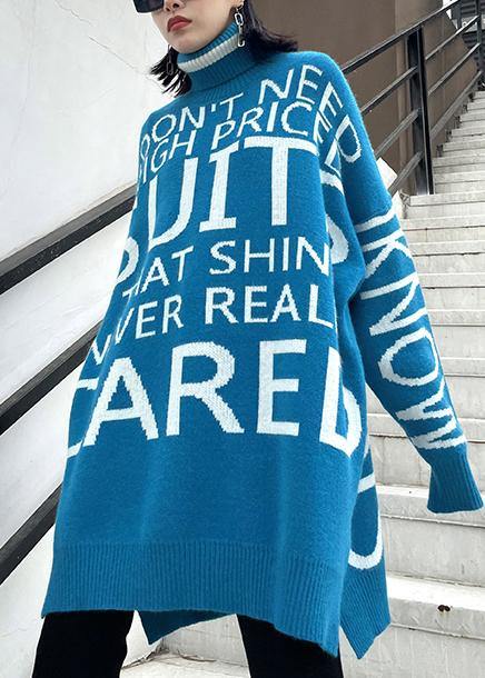 Oversized blue Letter knitted t shirt high neck side open knitted blouse - SooLinen