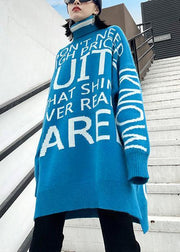 Oversized blue Letter knitted t shirt high neck side open knitted blouse - SooLinen