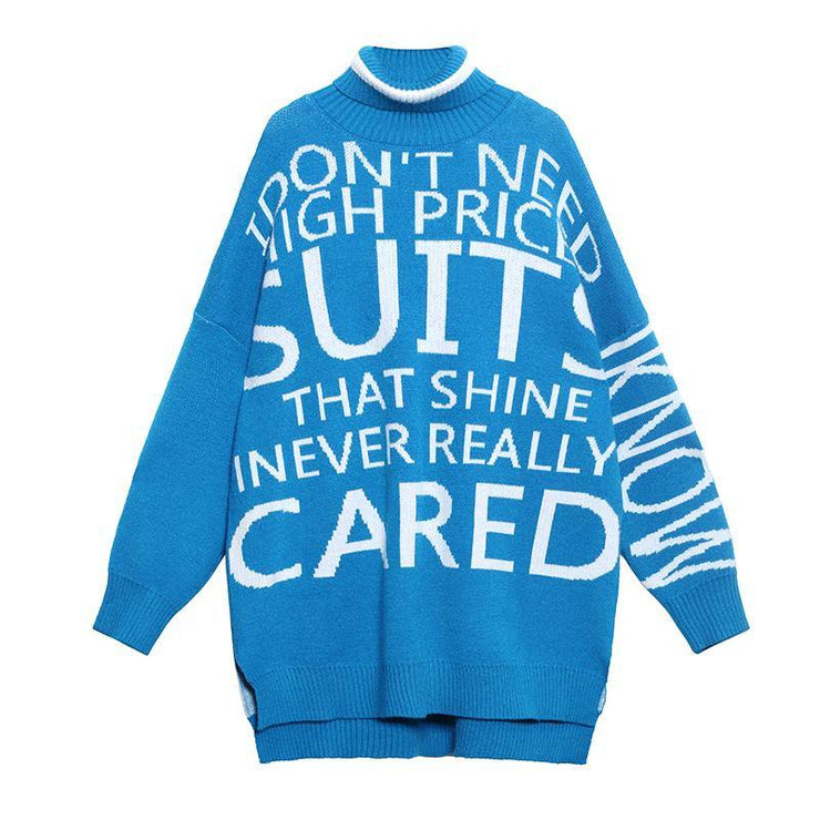 Oversized blue Letter knitted t shirt high neck side open knitted blouse - SooLinen