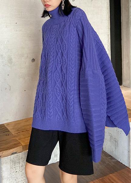 Oversized blue Sweater Blouse high neck thick casual knit sweat tops - SooLinen