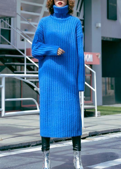 Oversized blue Sweater dresses Largo high neck tunic fall knit dresses - SooLinen