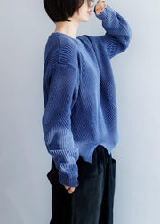 Oversized blue knit blouse open hem Loose fitting knit tops - SooLinen