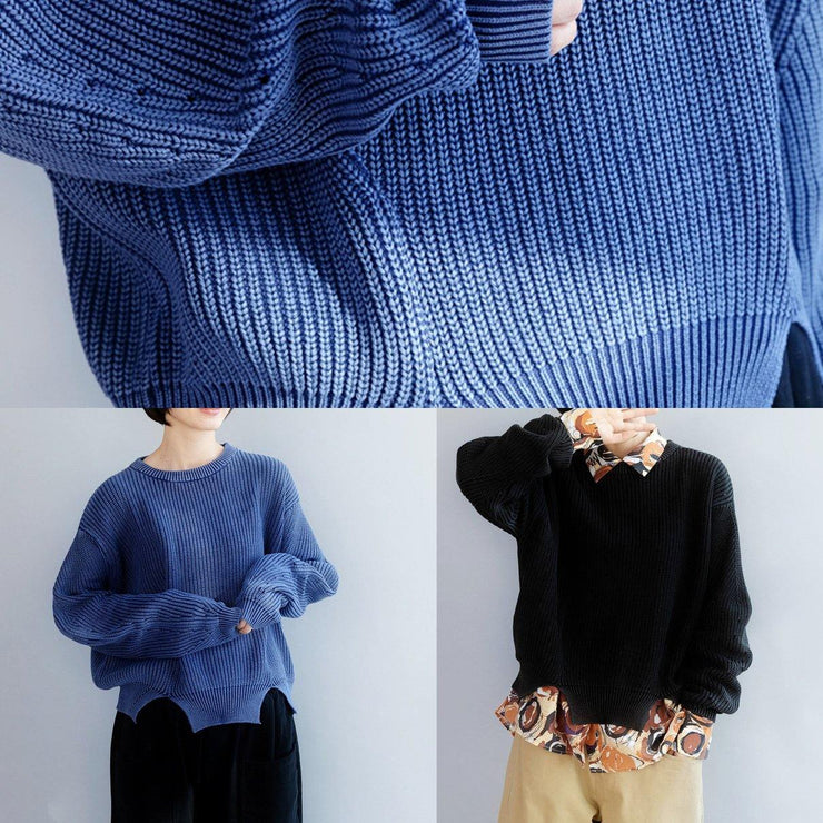 Oversized blue knit blouse open hem Loose fitting knit tops - SooLinen