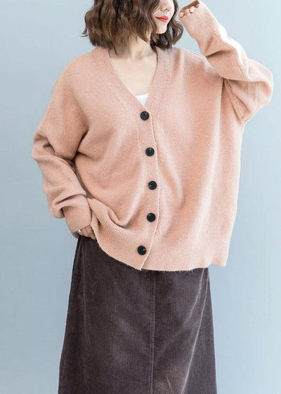 Oversized fall pink knit sweat tops plus size clothing v neck knit blouse - SooLinen