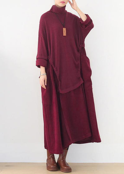 Oversized high neck patchwork Sweater Wardrobes Women burgundy Tejidos knit dresses - SooLinen