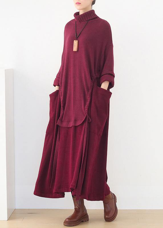 Oversized high neck patchwork Sweater Wardrobes Women burgundy Tejidos knit dresses - SooLinen