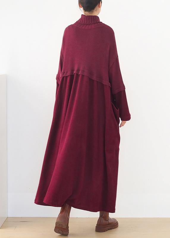 Oversized high neck patchwork Sweater Wardrobes Women burgundy Tejidos knit dresses - SooLinen