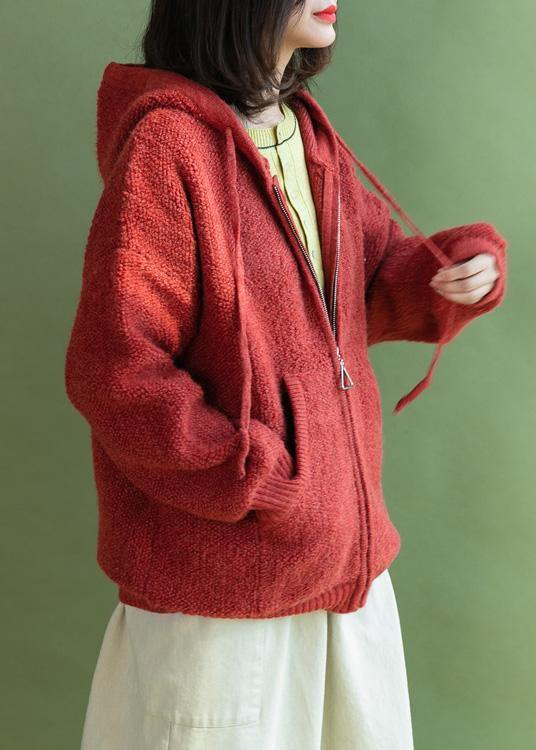 Oversized knit outwear oversize red hooded knitted jackets - SooLinen