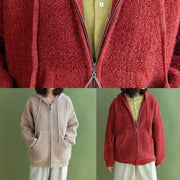 Oversized knit outwear oversize red hooded knitted jackets - SooLinen