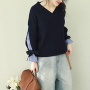 Oversized navy knitted tops plus size clothing v neck false two pieces sweaters