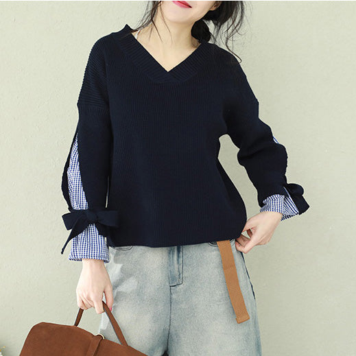 Oversized navy knitted tops plus size clothing v neck false two pieces sweaters