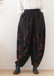 Pants red printed wide leg autumn cotton and linen literary linen harem pants - SooLinen