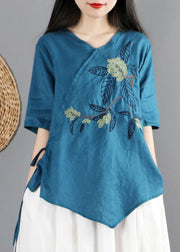 Peacock Blue Cotton Shirt Tops V Neck Tie Waist Short Sleeve