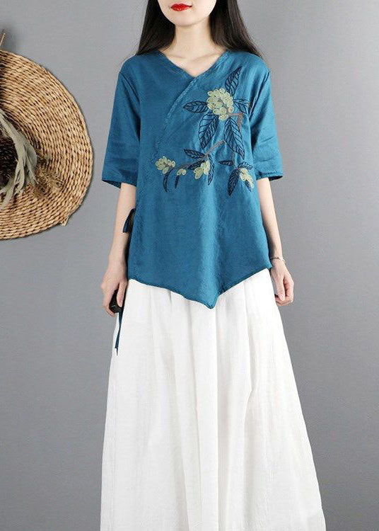 Peacock Blue Cotton Shirt Tops V-Ausschnitt Krawatte Taille Kurzarm