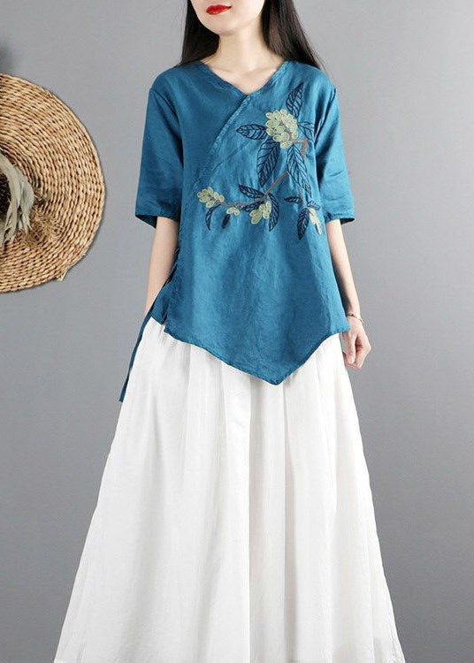 Peacock Blue Cotton Shirt Tops V Neck Tie Waist Short Sleeve