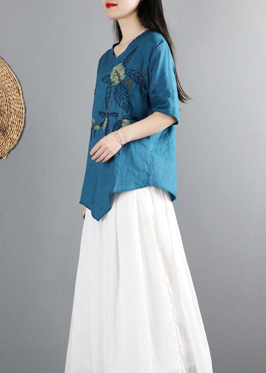 Peacock Blue Cotton Shirt Tops V Neck Tie Waist Short Sleeve