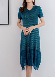 Peacock Blue Silk Long Dresses Wrinkled Side Open Short Sleeve