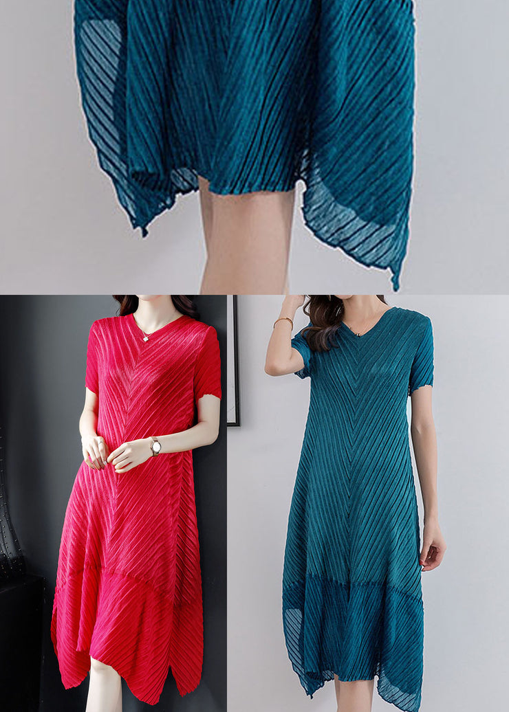 Peacock Blue Silk Long Dresses Wrinkled Side Open Short Sleeve