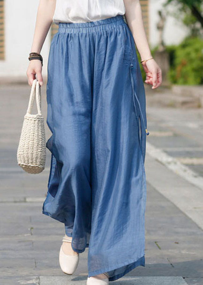 Peacock blue Linen wide leg pants double-deck Spring