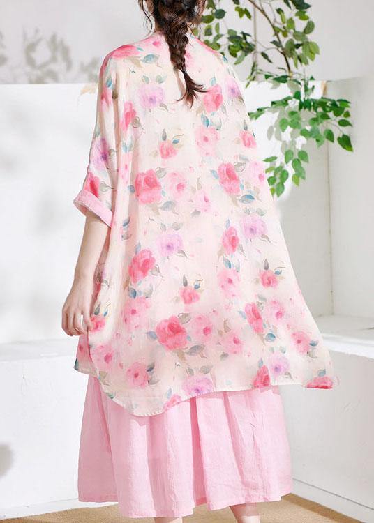 Pink Cute Print Asymmetrical Design Summer Half Sleeve Top - SooLinen