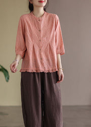 Pink Lace Patchwork Linen Shirts Button Bracelet Sleeve