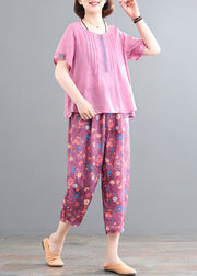 Pink Linen Tops And Pants Two Pieces Set Wrinkled Embroideried Short Sleeve