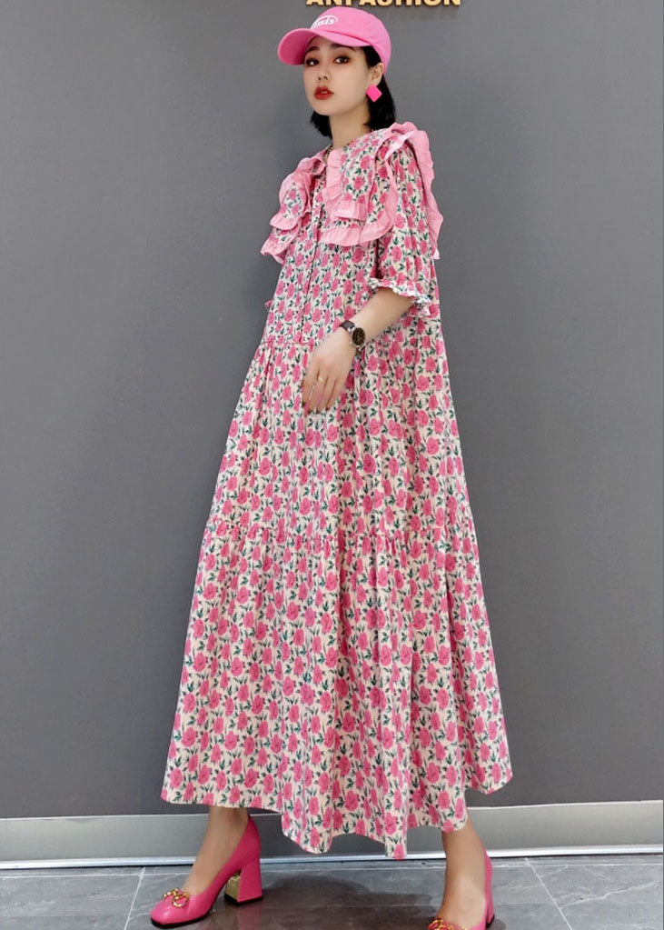 Pink Print Patchwork Cotton Maxi Dresses Half Sleeve