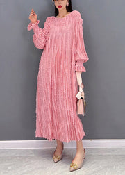 Pink Sexy Long Dresses Slash neck wrinkled Long Sleeve