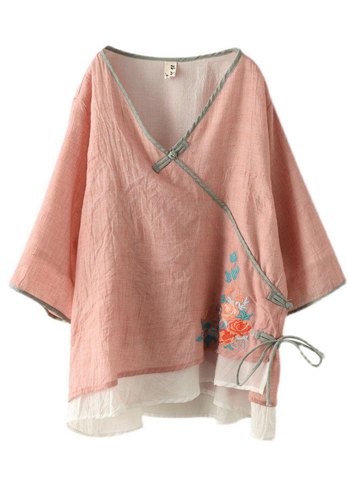 Pink V Neck Embroideried Summer Ramie Half Sleeve Tops - SooLinen