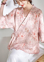 Pink V Necktie Waist Print Summer Ramie Blouses - SooLinen