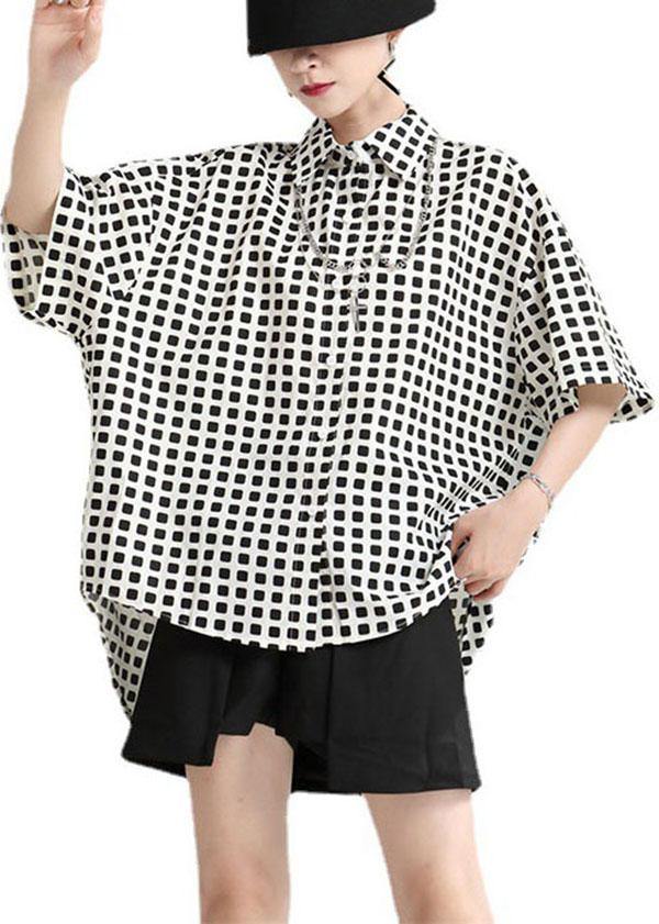 Plaid Peter Pan Collar Button Asymmetrical Design Summer Cotton Blouses - SooLinen