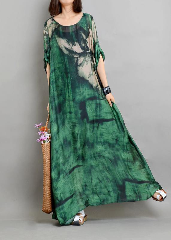 Plus Size  Green Print Chiffon Dress Summer Two Pieces Set - SooLinen