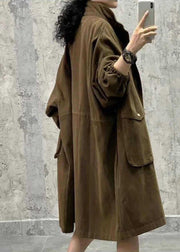 Plus Size Army Green Stand Collar Zippered Pockets Fall Long sleeve Trench Coat