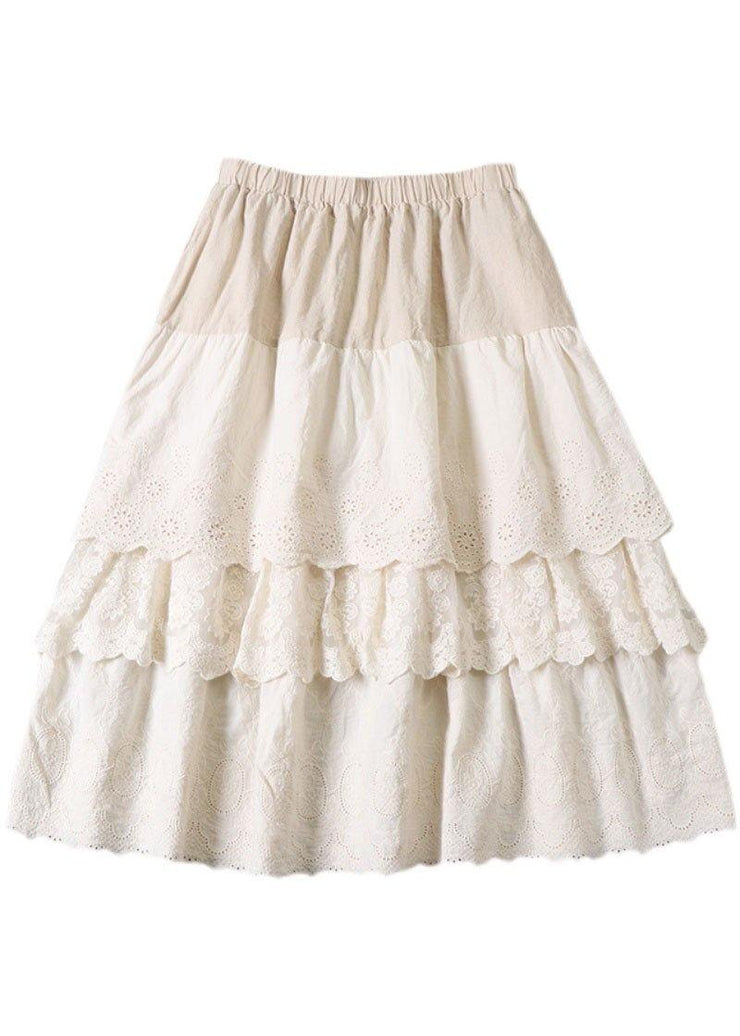 Plus Size Beige Embroideried Wrinkled Patchwork Fall Tiered Skirts - SooLinen